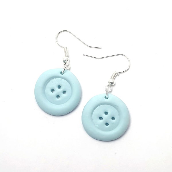 Pastel blue button earring - seamstress - polymer clay - handmade - knitting sewing