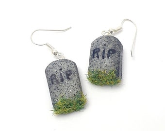 Autumn earring - Halloween - tombstone with grass - witch - rip - polymer clay - handmade