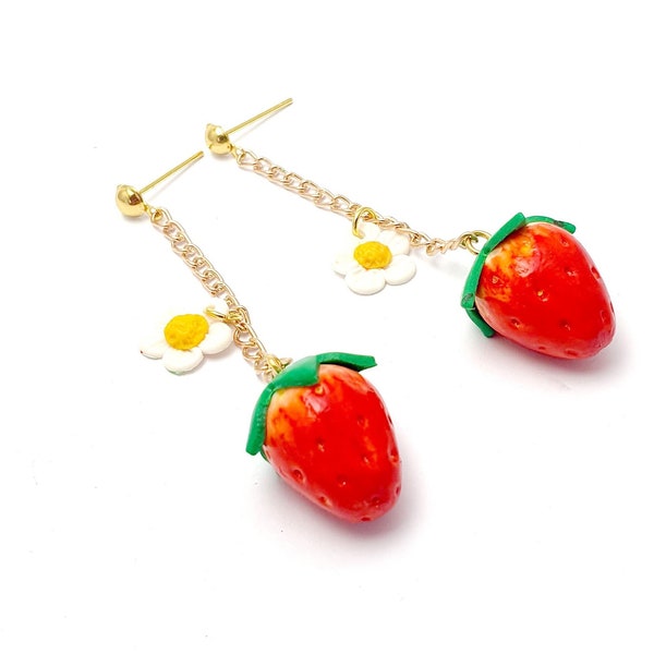 Boucle d'oreille gourmande été -  Fraise et sa fleur/ fruit / bonbon - pâte polymere