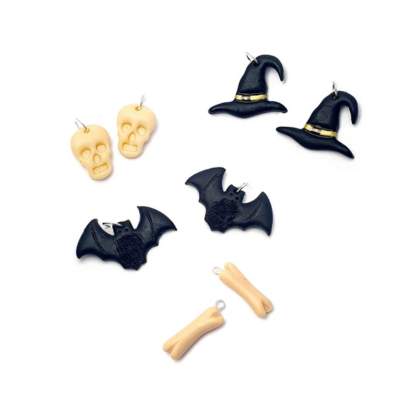 4 choix de breloques -Breloques thème Halloween - chapeau - crane - squelette - chauve souris - os - polymère fimo