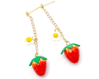 Gourmet summer earring - Strawberry and its flower/fruit/candy - polymer clay