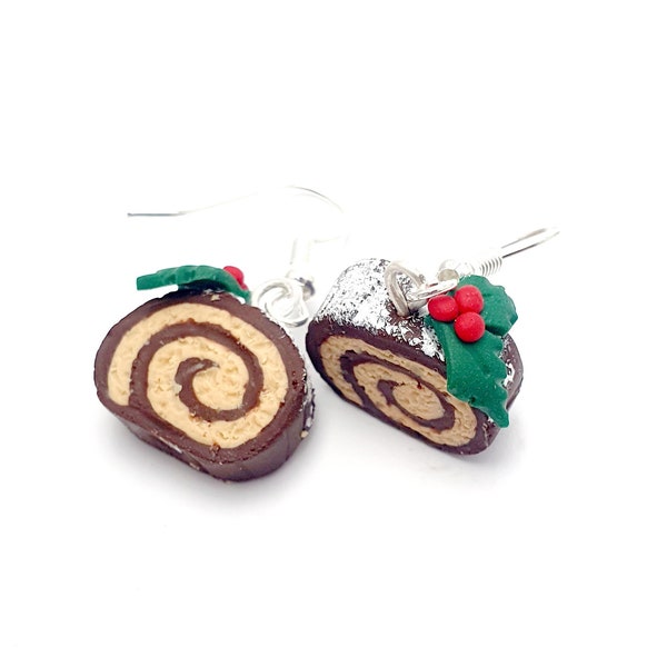 Boucle d'oreille de Noël bûche au chocolat - houx - gourmand - pâte polymere - fait main - miniature - gourmandises