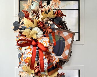 Handcrafted Fall Wreath: Pumpkin, Leaves, Plaid Bow, Harvest Decor