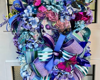 Sugar Skull Wreath, Butterfly Floral Wreath, Purple and Teal Door Decor, Day of the Dead Wreath, Colorful Front Door Wreath