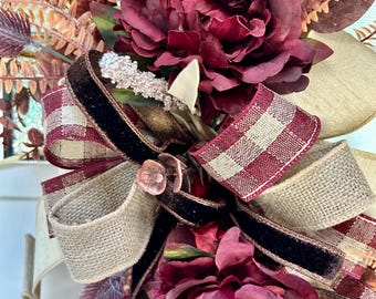 Burgundy Grapevine Wreath, Rustic Fall Floral Door Decor, Farmhouse Autumn Wreath