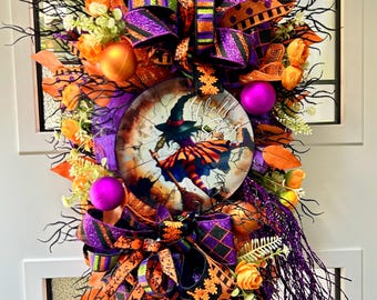 Handcrafted Witch Wreath, Purple Orange Halloween Door Decor, Whimsical Front Door Swag