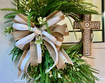 Greenery Grapevine Wreath with Rustic Cross and Burlap Bow, Farmhouse Front Door Decor
