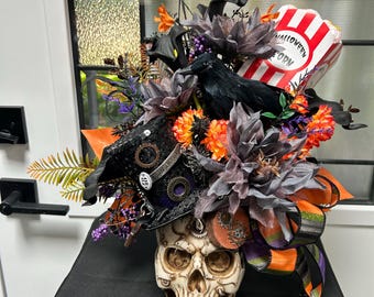 Steampunk Halloween Skull centerpiece with Ravens, Halloween corn box, Orange Purple Florals and Gears