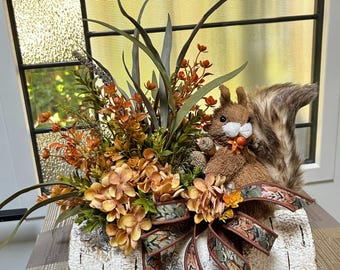 Woodland Squirrel Fall Centerpiece, Rustic Birch Log Floral Arrangement (Handmade)