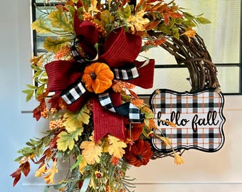 Hello Fall Grapevine Wreath with Velvet Pumpkins, Plaid Ribbon and Autumn Florals