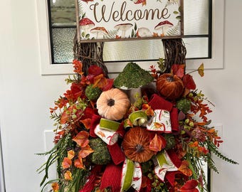 Handcrafted Mushroom Welcome Wreath, Woodland Fall Decor, Velvet Pumpkins, Moss Accents