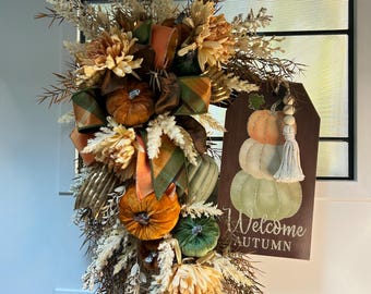 Autumn Pumpkin Door Swag with Velvet Pumpkins, Plaid Ribbon and Welcome Fall Sign