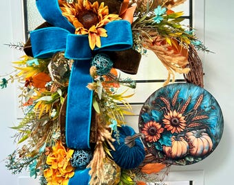 Teal Velvet Fall Wreath, Sunflower Harvest Door Decor, Upscale Autumn Front Door