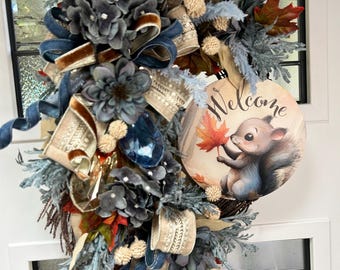 Handcrafted Woodland Squirrel Fall Wreath: Blue Gray Autumn Door Decor