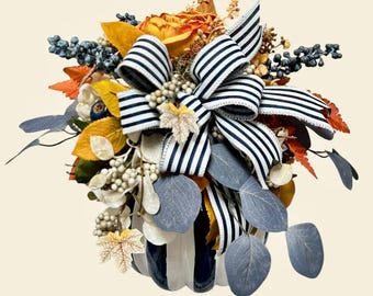 Navy Stripe Fall Floral Centerpiece, Elegant Autumn Home Decor