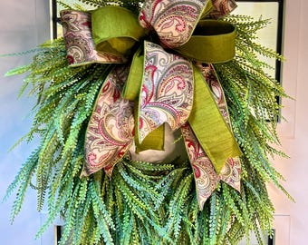 Greenery Grapevine Wreath with Olive Green Velvet and Paisley Ribbon, Elegant Front Door Decor