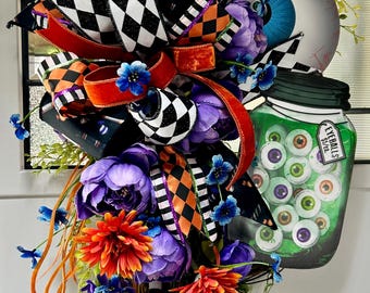 Handcrafted Halloween Eyeball Wreath, Spooky Floral Door Swag