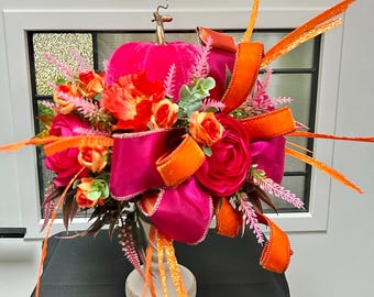 Pink and Orange Fall Centerpiece with Velvet Pumpkins, Roses, Eucalyptus and Ribbon