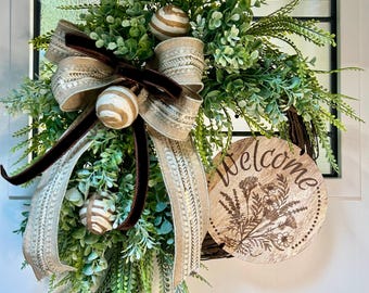 Greenery Grapevine Wreath with Welcome Sign, Everyday Front Door Wreath, Neutral Bow, Farmhouse Porch Decor, Spring Summer Wreath