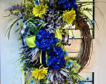 Blue and Lime Grapevine Wreath with Hydrangeas, Gerbera Daisies, Succulents and Plaid Ribbon