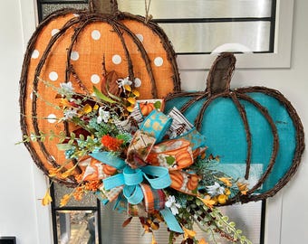 Teal Orange Grapevine Pumpkin Door Hanger, Fall Floral Wreath