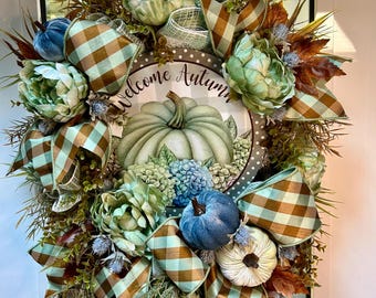 Welcome Autumn Pumpkin Wreath, Sage Green Fall Door Wreath, Blue Pumpkin Front Door Decor, Elegant Autumn Wreath