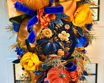 Blue and Copper Fall Door Swag with Velvet Pumpkins, Autumn Florals and Decorative Pumpkin Sign