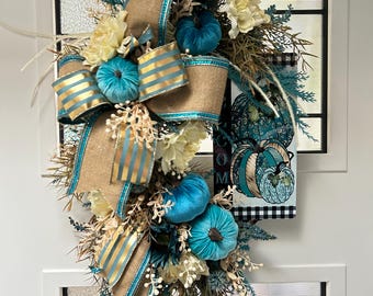 Teal Pumpkin Wreath: Velvet Pumpkins, Cream Florals, Burlap Bow (Fall Decor)