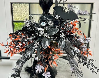 Gothic Raven Skull Halloween Centerpiece with Black Florals, Bat and Orange Accents