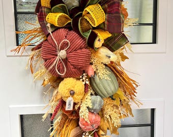 Handcrafted Fall Door Swag, Rustic Harvest Wreath, Autumn Front Door Decor