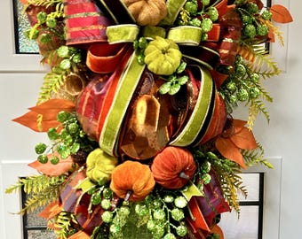 Handcrafted Fall Door Swag, Pumpkins, Gems, Plaid Ribbon, Greenery (Autumn Decor)