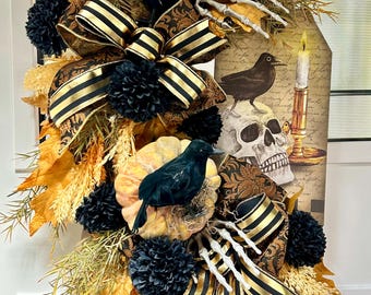 Handcrafted Gothic Raven Skull Wreath, Black Gold Fall Door Decor