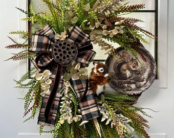 Handcrafted Woodland Squirrel Wreath: Rustic Fall Door Decor with Plaid Bow