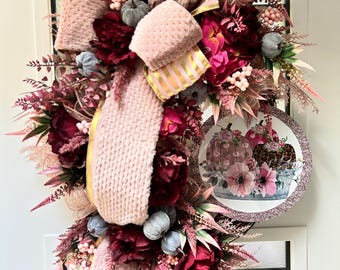 Handcrafted Pink Burgundy Fall Wreath: Floral, Pumpkins, Bow (Door Decor)