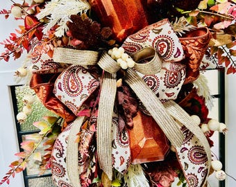 Burgundy Copper Fall Door Swag | Pumpkin Floral Paisley Bow Decor