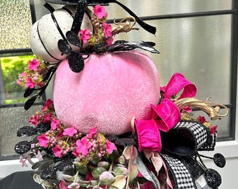 Pink Velvet Pumpkin Halloween Centerpiece with Witch Hat, Black White Harlequin and Floral Decor
