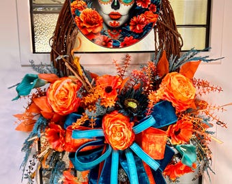 Day of the Dead Wreath, Sugar Skull Door Decor, Orange and Teal Floral Wreath, Dia de los Muertos Decor, Halloween Door Wreath