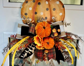 Handmade Embossed Pumpkin Door Hanger, Velvet Pumpkins, Plaid Bow, Autumn Decor