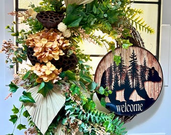 Woodland Bear Grapevine Wreath with Greenery, Hydrangeas and Welcome Sign, Rustic Lodge Door Decor