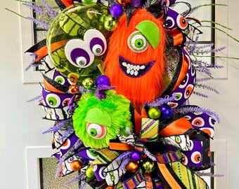 Handcrafted Monster Halloween Wreath: Eyeball, Orange, Purple, Green Swag