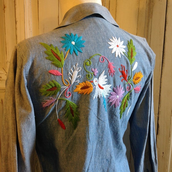 EMBROIDERED CHAMBRAY BLOUSE shirt top blue floral | Etsy