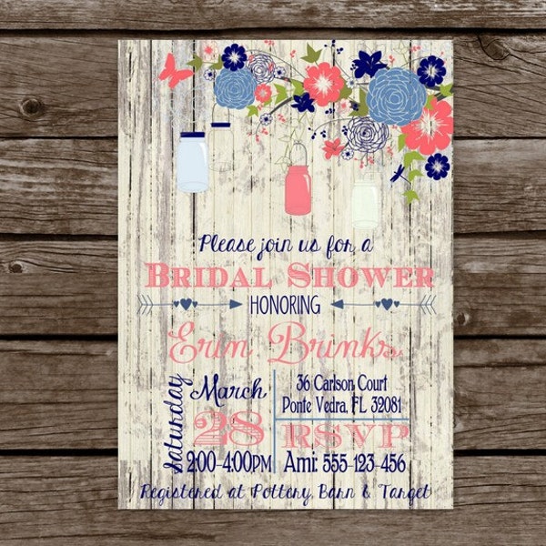 Rustic Wood Mason Jar Invitation Mason Jar Bridal Shower Invitation Floral Hanging Mason Jar Invitation Navy and Coral Wedding Shower Invite