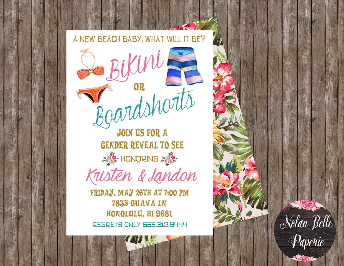 Bikini or Board Shorts Gender Reveal Invitation Baby Reveal Etsy