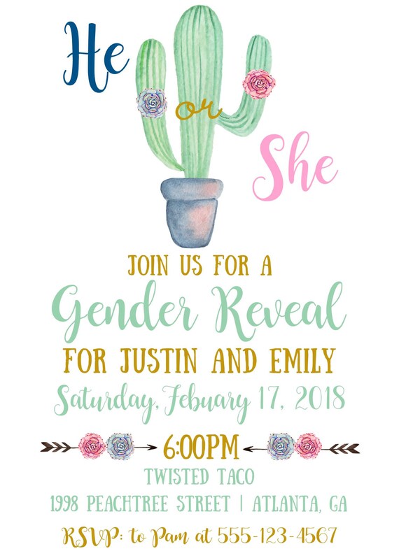 succulent cactus themed Gender Reveal Fiesta invitation printed invitations min order of 20