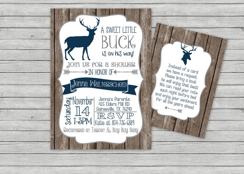Rustic Deer Baby Shower Invitation, Antler Baby Shower, Woodland Baby Shower, Tribal Deer, Sweet Little Buck, add on Book Request image 1