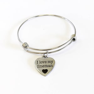 I Love My Lineman Stacking Expanding Bangle Charm Bracelet, Lineman Wife Jewelry Gift, Lineman Daughter Jewelry, Lineman Girlfriend Gifts