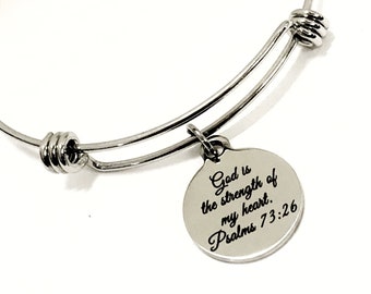 God Is The Strength Of My Heart Expanding Bangle Charm Bracelet, Scripture Stacking Bracelet, Psalm 73 26 Bible Verse Jewelry