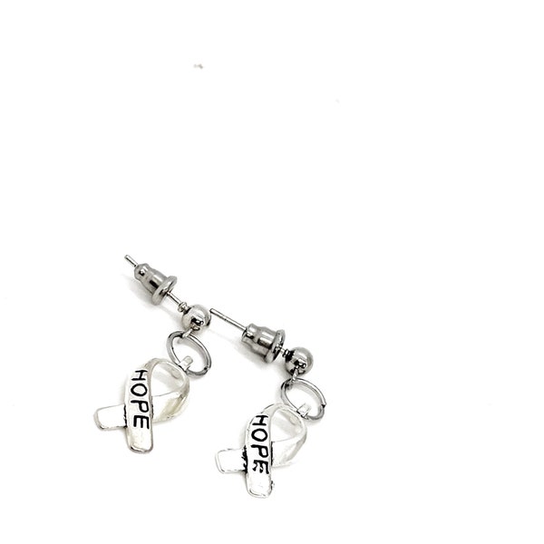 Silvertone Hope Ribbon Earrings, Cancer Awareness Gifts, Silver-tone Ribbon Awareness Charm, Gift For Her, Wife Gift, Remission Gift