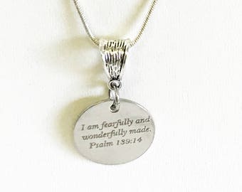 I Am Fearfully And Wonderfully Made Scripture Pendant on Silver Chain, Psalm 139:14 Bible Verse Encouragement Jewelry Gift For Her