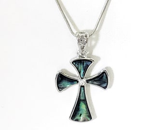 Cross Necklace, Simulated-Shell Cross Pendant, Blue and Green Cross Necklace, Christian Faith Gift, Christian Jewelry, Christian Necklace